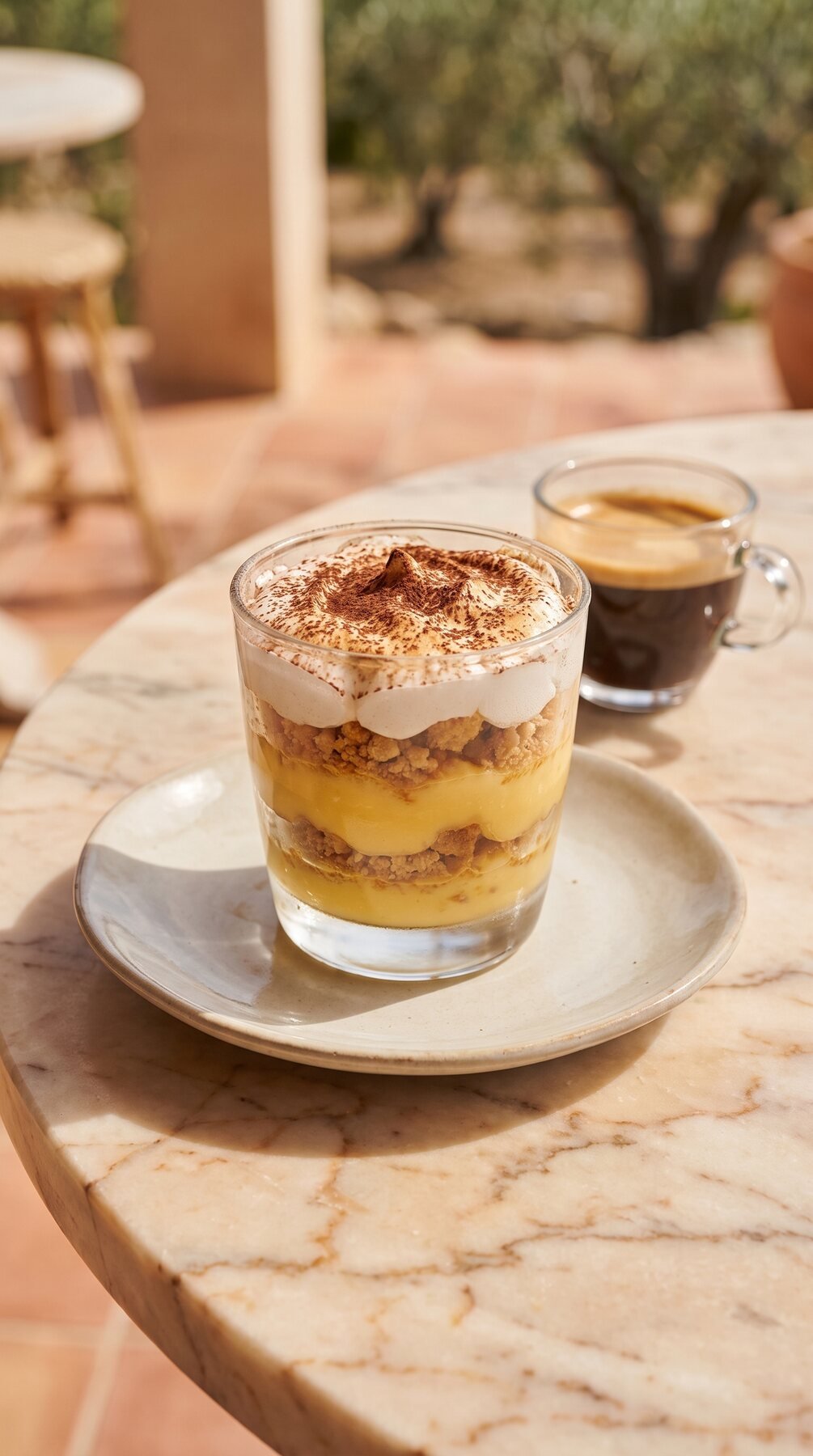 Dessert im Glas mit Kaffee auf der Terrasse