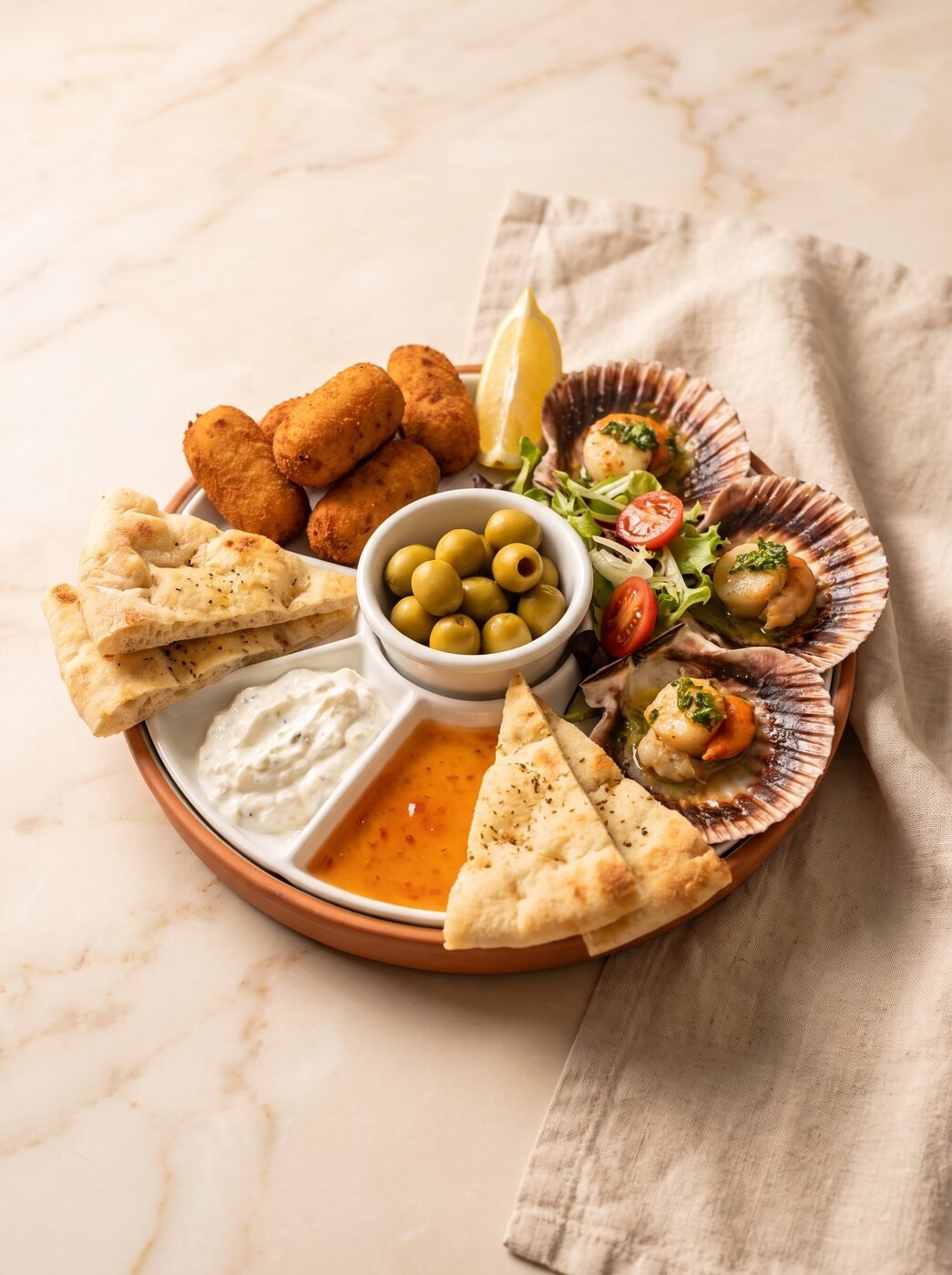 Tapas-Platte mit Kroketten, Oliven und Pinsa-Brot
