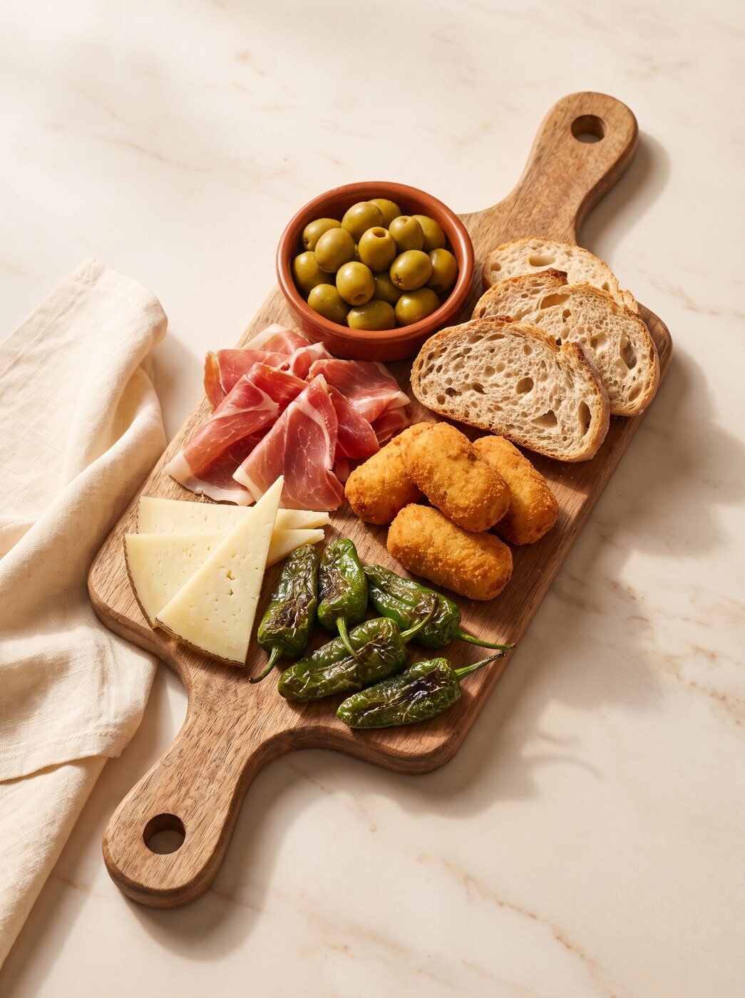 Tapas-Platte mit Serrano-Schinken, Kroketten und Oliven