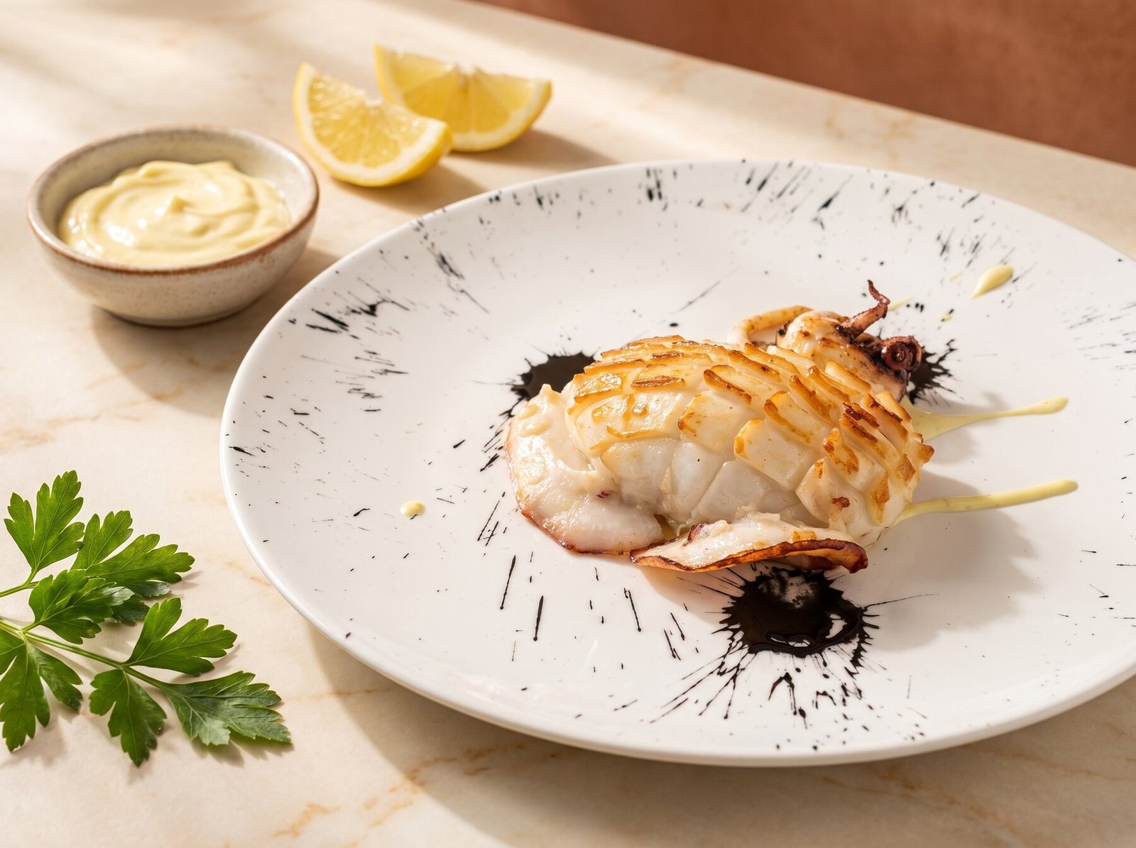 Tintenfischringe römischer Art mit Zitrone und Aioli