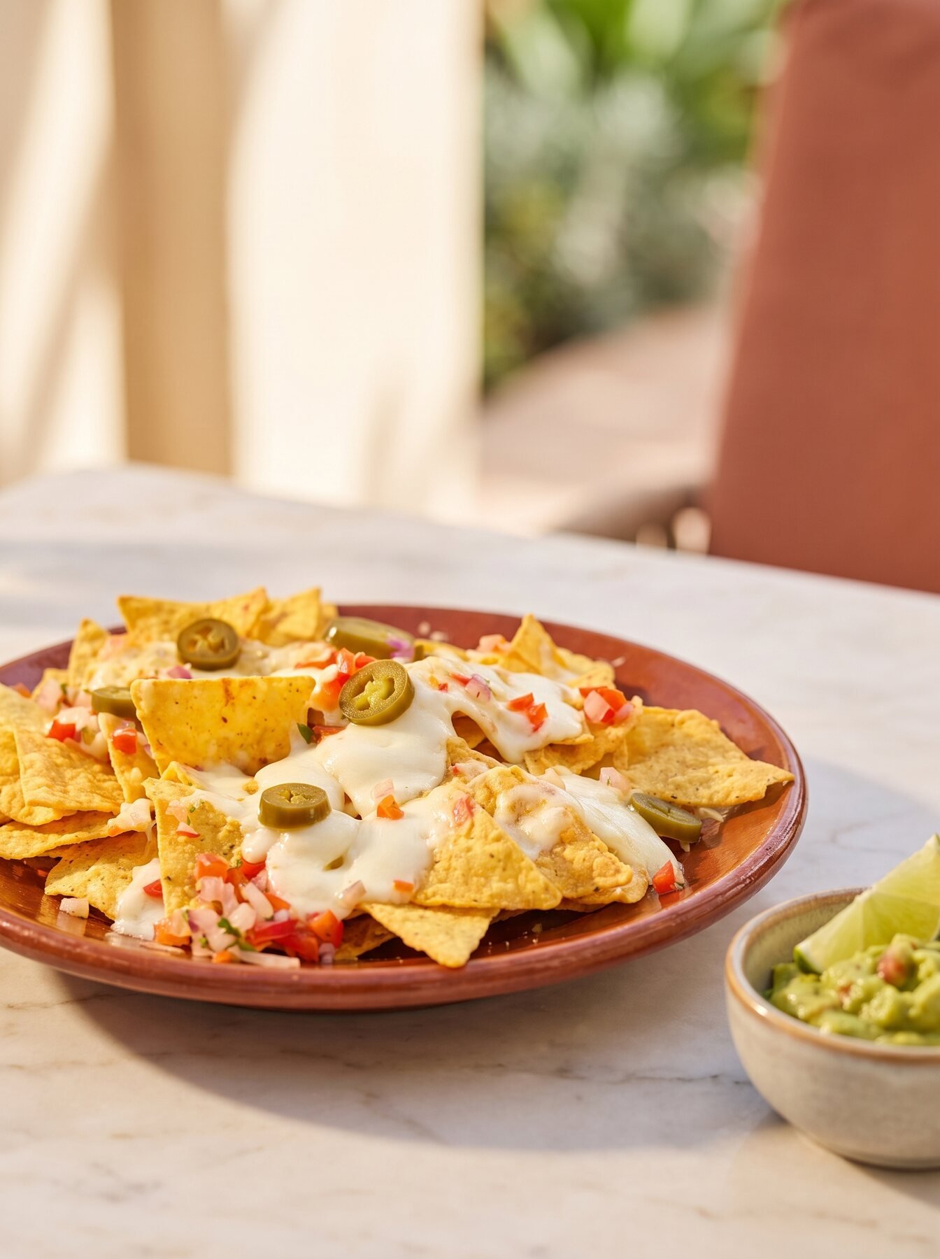 Überbackene Nachos mit Guacamole und Jalapeños