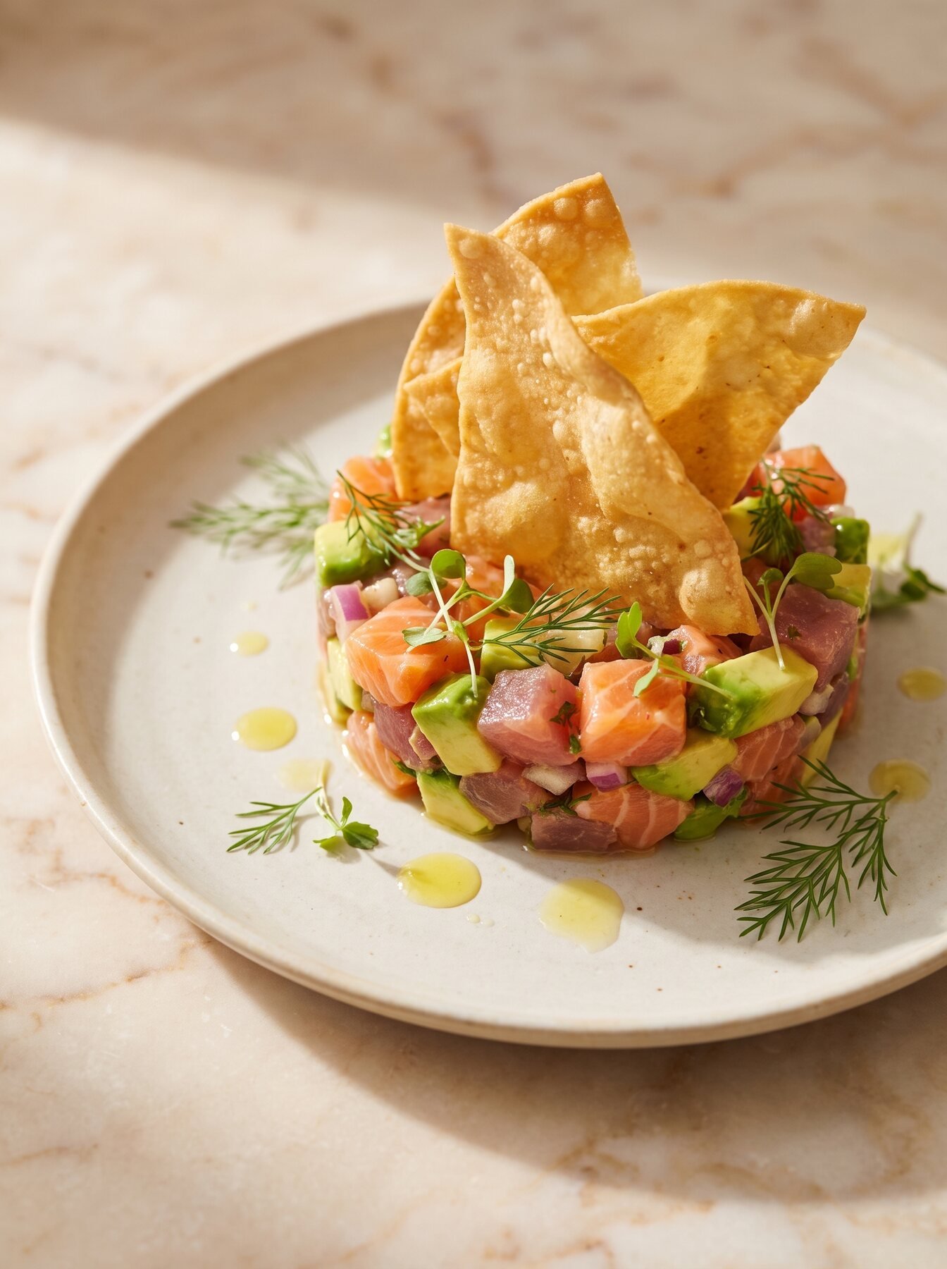 Tatar von Lachs und Thunfisch mit knuspriger Waffel